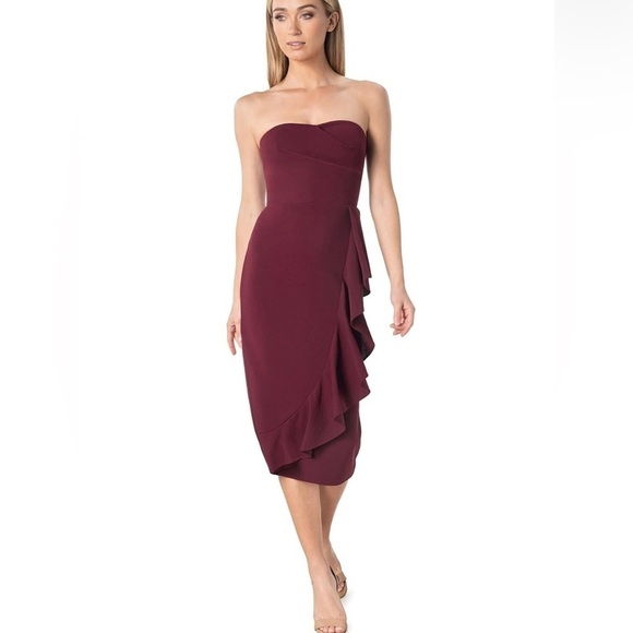 Dress The Population Liv midi Dress - Burgundy - Red - XL ruffles asymmetrical - Picture 1 of 10